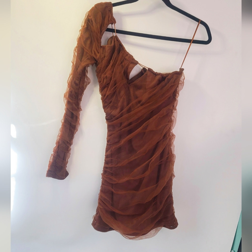 Zara brown one sleeve asymmetric lace ruched cut out bodycon dress size medium M - Picture 4 of 6